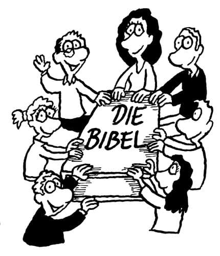 Cartoon-Figuren halten eine Bibel